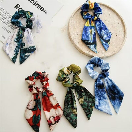 Van Gogh-Inspired Satin Scrunchie – Wild Rose Starry Sky Hair Tie for Women