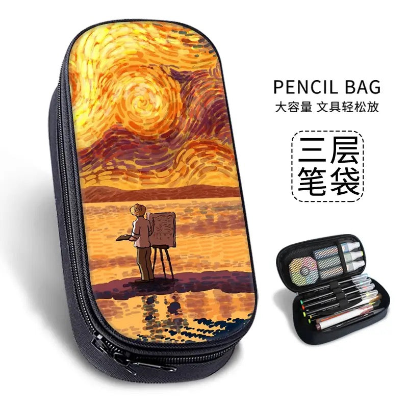 Van Gogh-Inspired Large canvas clothing Pencil Case – Waterproof Artistic Stationery Bag