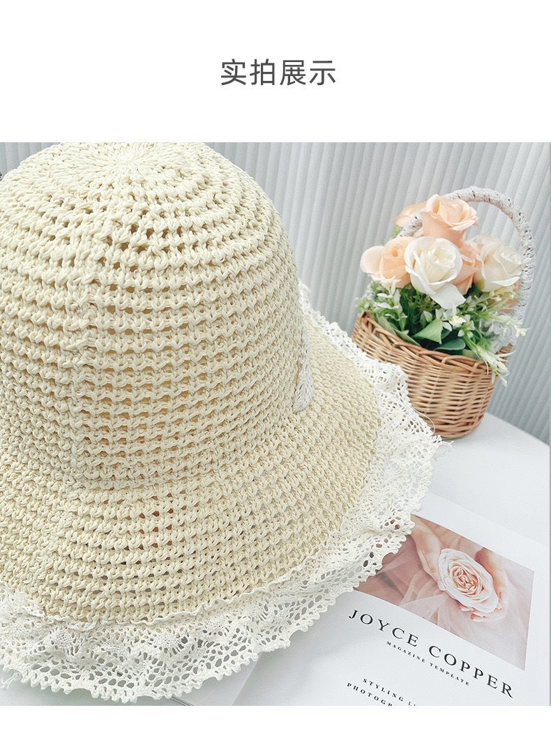 Lace-Trimmed Straw Sun Hat – INS-Style Summer Beach Hat with Ribbon Tie