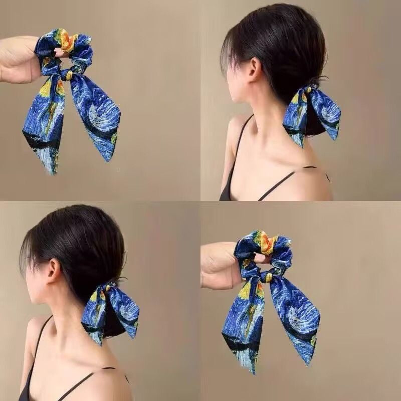 Van Gogh-Inspired Satin Scrunchie – Wild Rose Starry Sky Hair Tie for Women