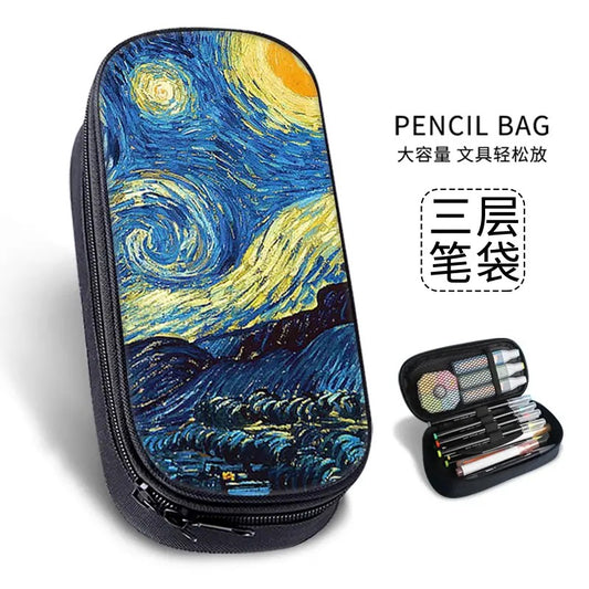 Van Gogh-Inspired Large canvas clothing Pencil Case – Waterproof Artistic Stationery Bag