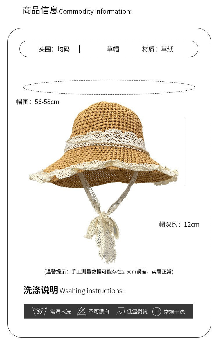 Lace-Trimmed Straw Sun Hat – INS-Style Summer Beach Hat with Ribbon Tie