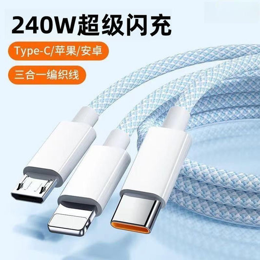 240W Colorful Braided 3-in-1 Cable (1m) – Super Fast Charging for Type-C, iPhone & Android